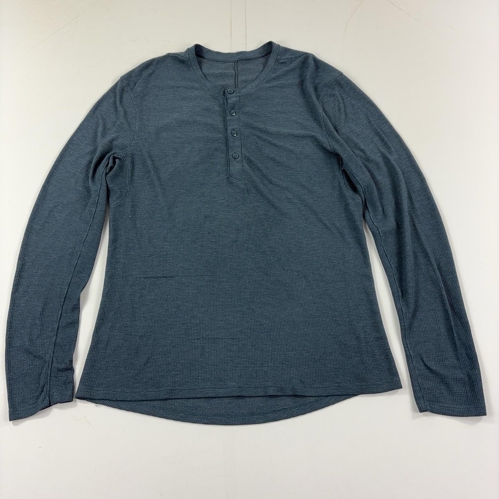 Lululemon Shift Stitch Henley Shirt Mens Medium Blue Waffle Knit Long Sleeve